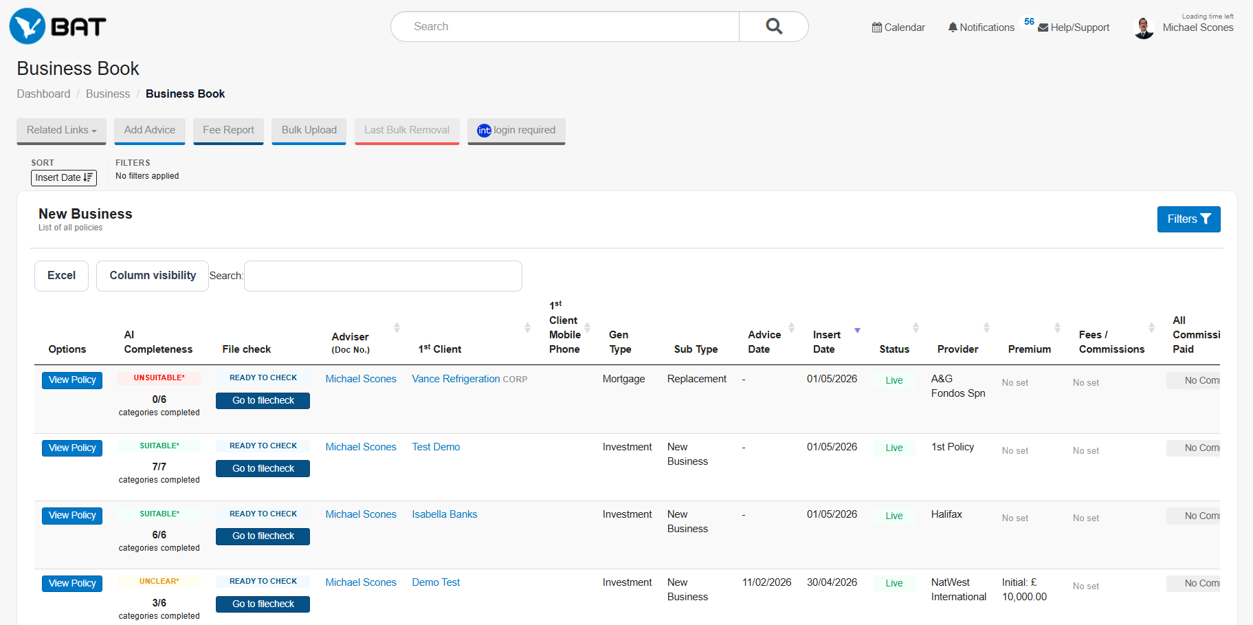 Financial Adviser file checking audit trail showing review actions and compliance decisions.