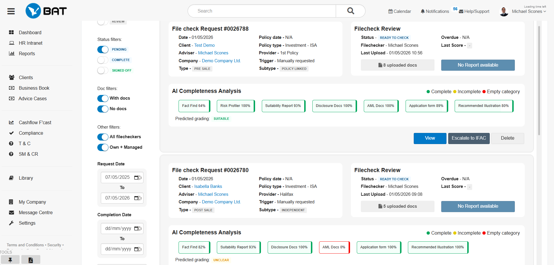 Dashboard Showing results audit trail and Consumer Duty evidence for financial advisers.