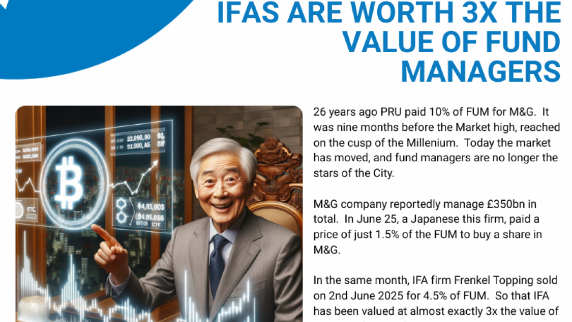In June 25, a Japanese this firm, paid a price of just 1.5% of the FUM to buy a share in M&G. In the same month, IFA firm Frenkel Topping sold on 2nd June 2025 for 4.5% of FUM.