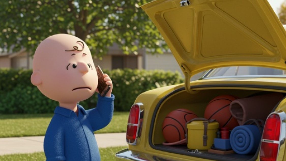 Charlie,Brown,Wearing,A,Bright,Blue,Coat,Taking,A,Mobile