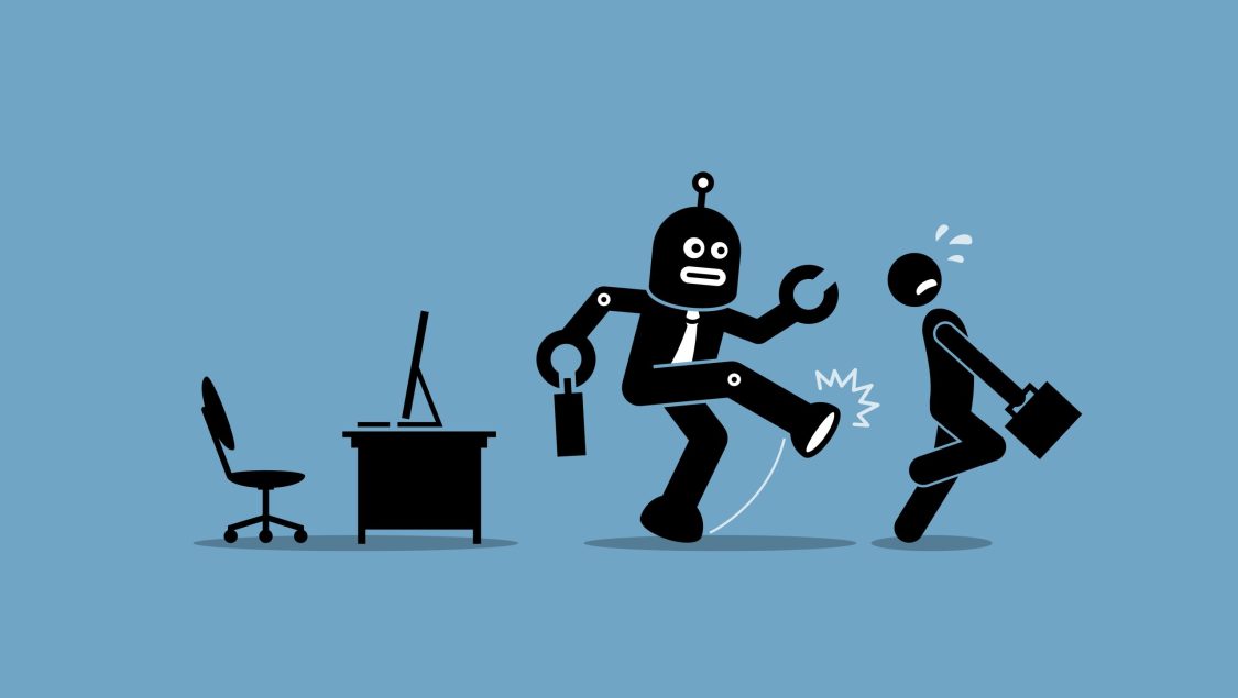 Robot,Employee,Kicks,Away,A,Human,Worker,From,Doing,His